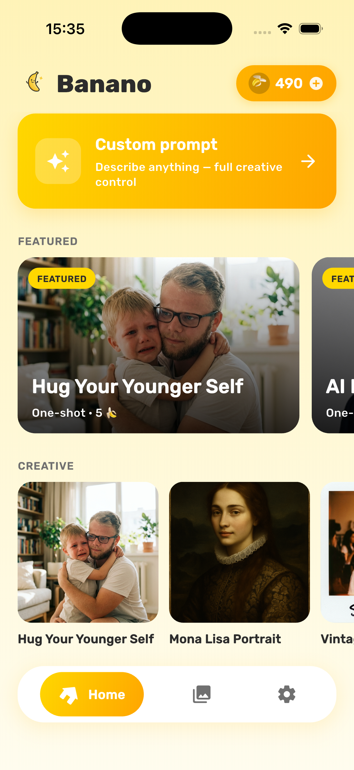 Banano home — featured packs and custom prompt